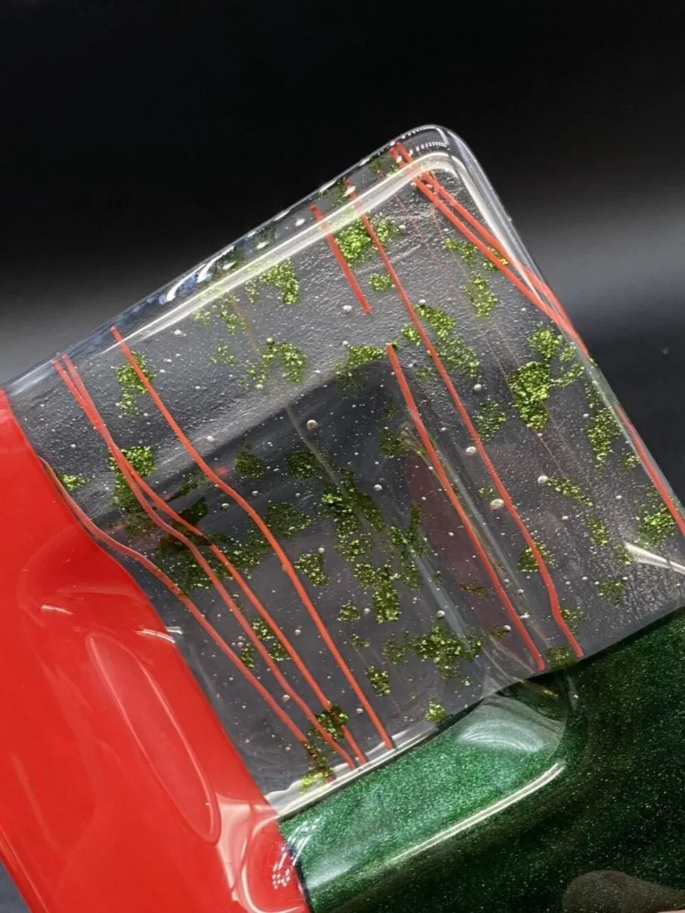 Fused Art Glass Trinket Dish Glitter Dichroic Green & Red 6” Square ￼